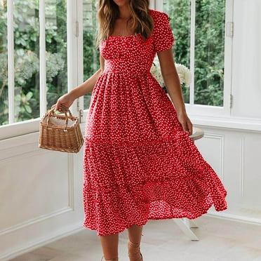 VKEKIEO Summer Dress,Flowy,Women,Square Neckline Short Sleeve Printed Red L