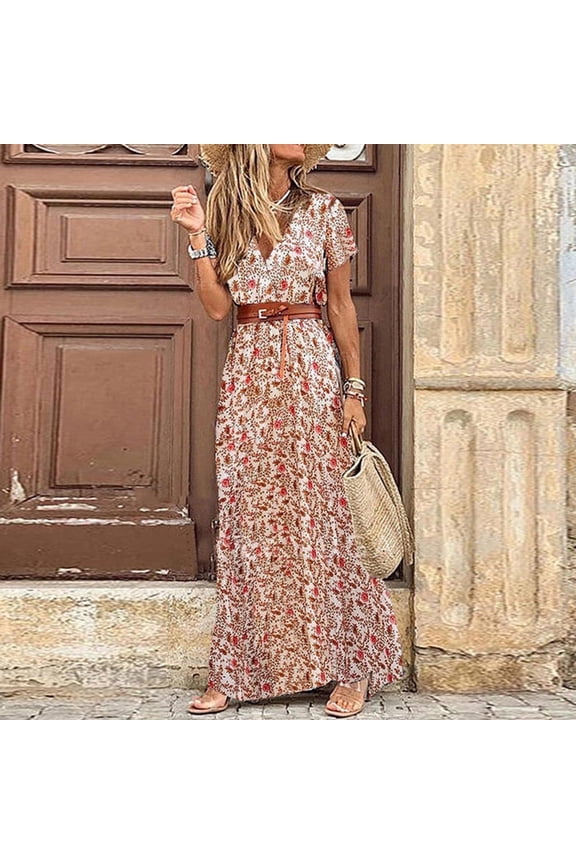 Summer Dress For Women Boho Dresses for Women V-Neck Short Sleeve Floral Red XL
