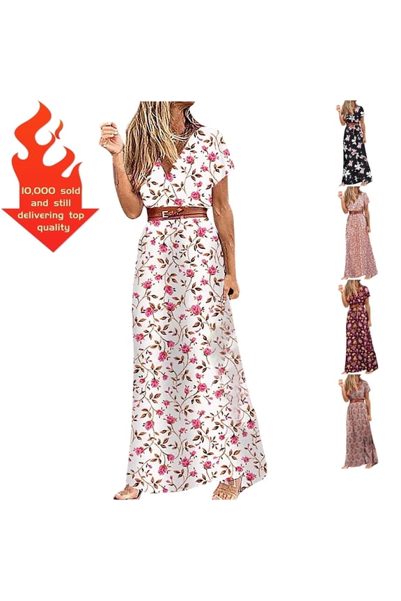 Summer Dress For Women,Casual Summer Dresses,V-Neck Short Sleeve Floral White XXL
