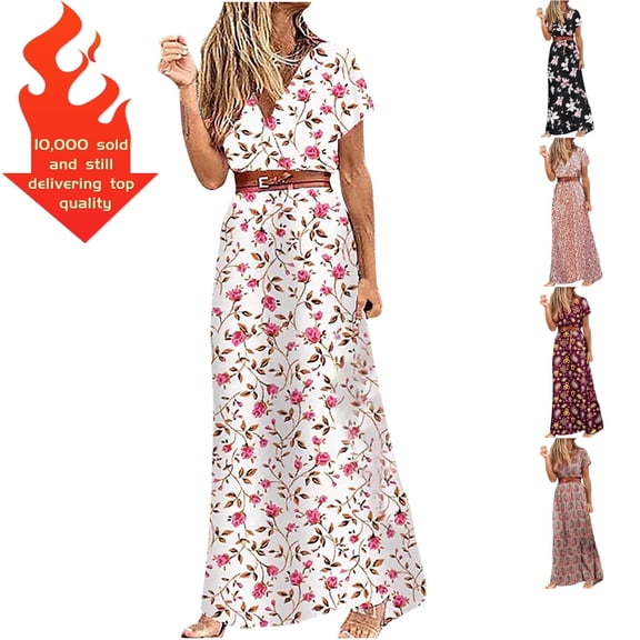 VKEKIEO Summer Dress For Women,Casual Summer Dresses,V-Neck Short Sleeve Floral White XXL
