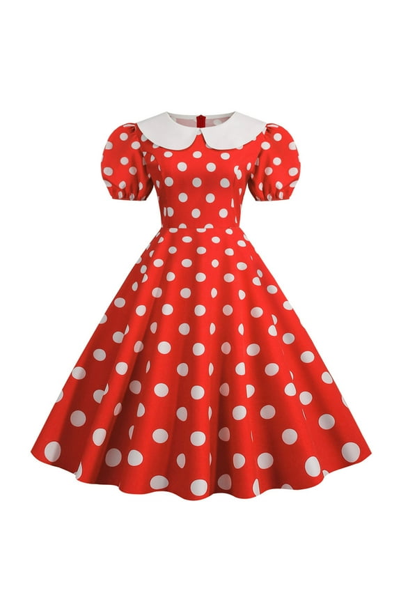 Summer Dress For Women Cute Summer Dresses Turn Down Collar Short Sleeve Polka Dot Red L