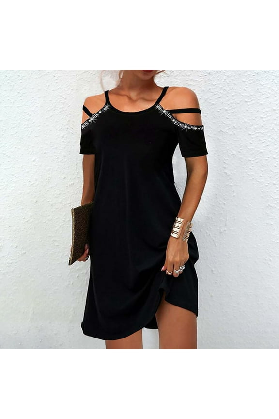 Summer Dress For Women Mini Crew Neck Short Sleeve Printed Black S