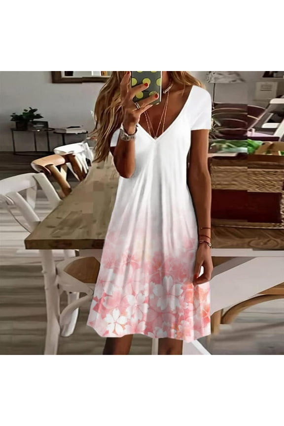 Summer Dress For Women Sun Dress V-Neck Short Sleeve Floral Pink M