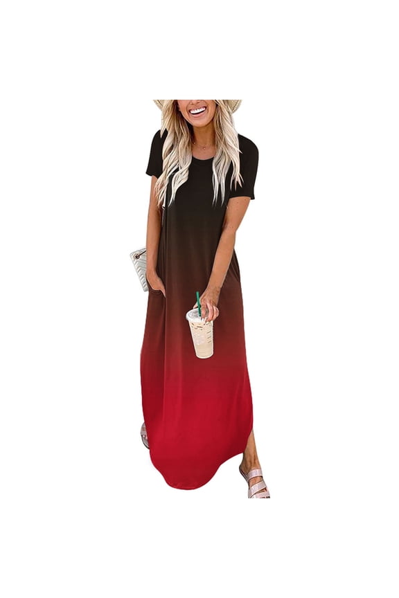 Summer Dress Maxi Crew Neck Short Sleeve Printed Red S