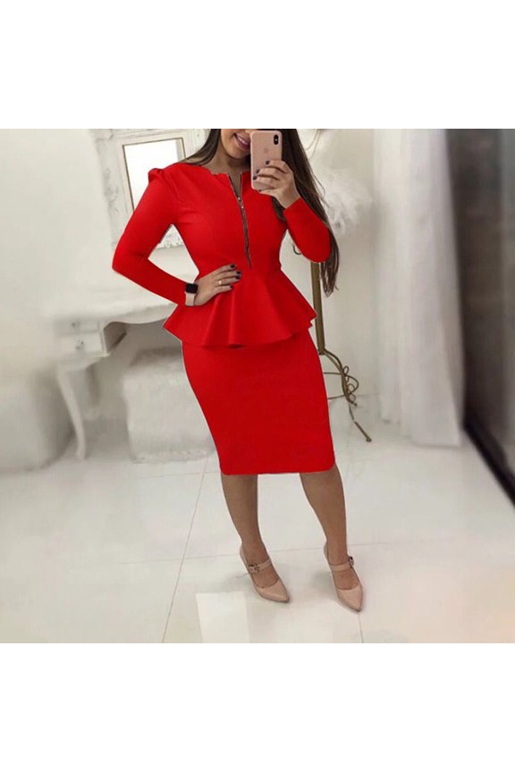 Summer Dress Mini V-Neck Long Sleeve Solid Red XXL