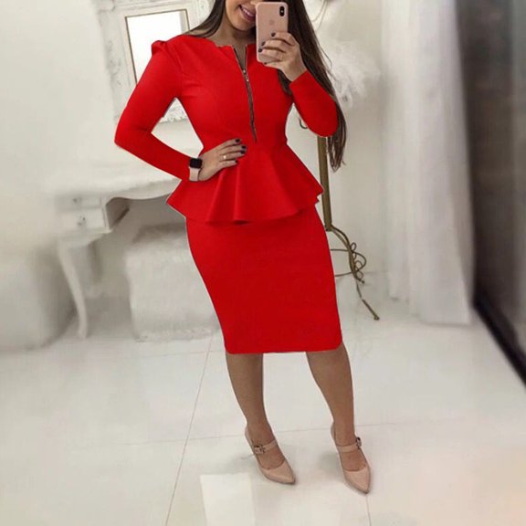 VKEKIEO Summer Dress Mini V-Neck Long Sleeve Solid Red XXL