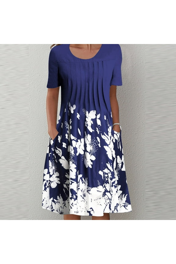 Summer Dress Peplum Crew Neck Short Sleeve Floral Blue L