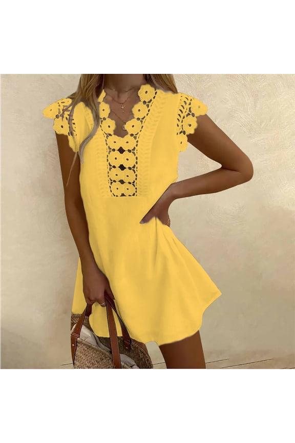 Summer Dress Sun Dress V-Neck Sleeveless Solid Yellow S