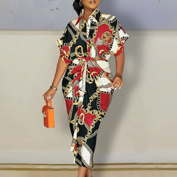 VKEKIEO Summer Dresses Shirt Dress V-Neck Short Sleeve Printed Black XXL