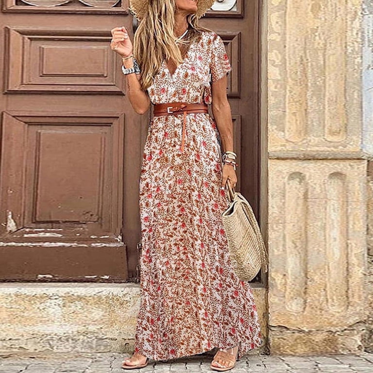 Vkekieo Summer Dresses for Women,Boho Dresses for Women V-Neck Short Sleeve Floral Red M, Women's, Size: 6