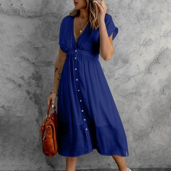 VKEKIEO Sundress Sun Dress V-Neck Short Sleeve Solid Blue XXL