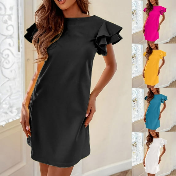 VKEKIEO Sundresses For Women Mini Crew Neck Short Sleeve Solid Black S