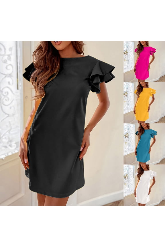 Sundresses For Women Mini Crew Neck Short Sleeve Solid Black S