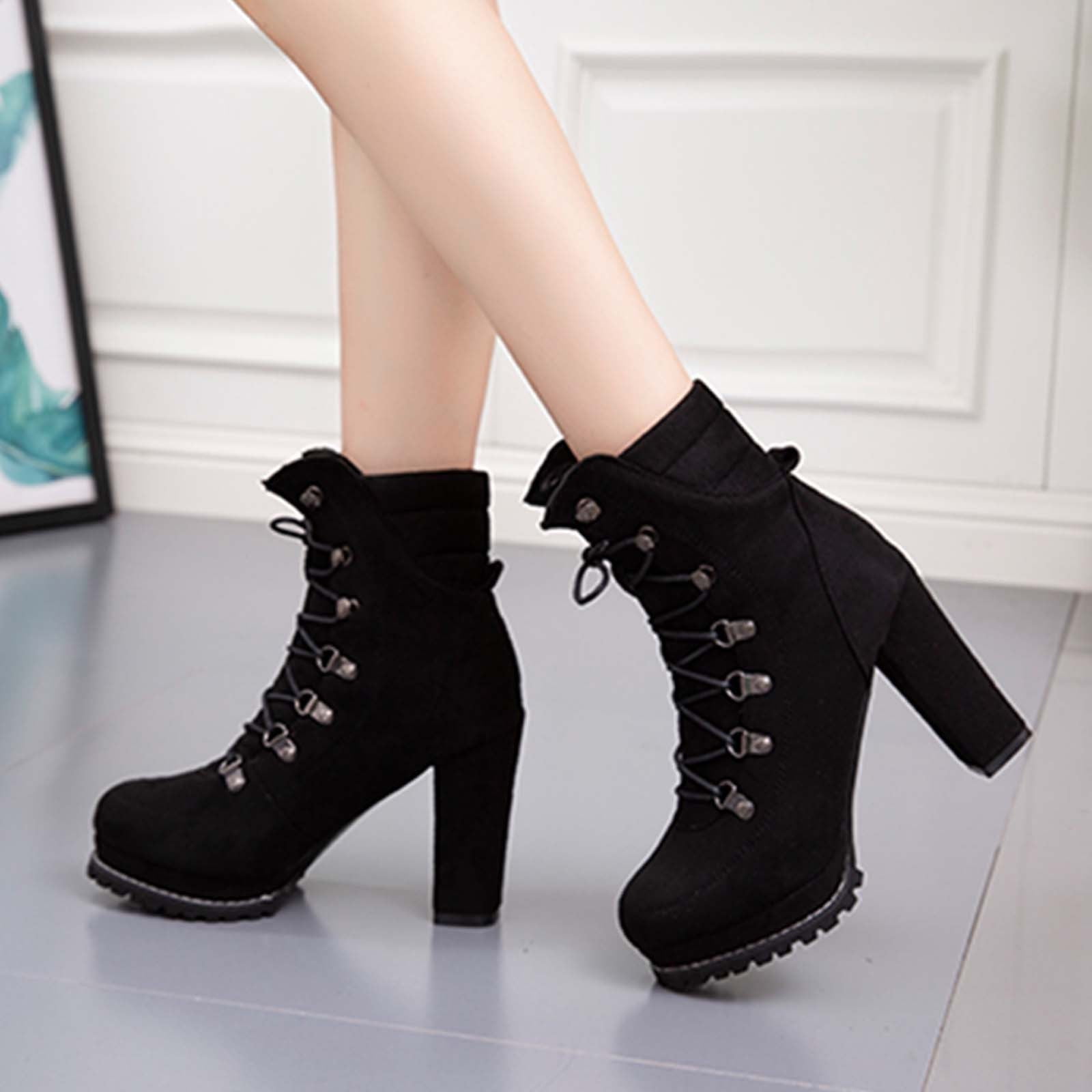 Black & Red Platform High Heels Shoes Round Toe Lace Up Thigh Boots