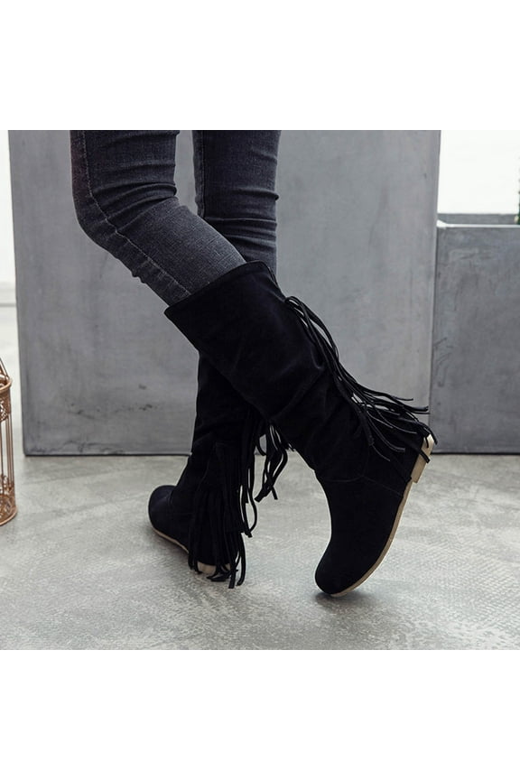 Thigh High Boots For Women Round Toe High Heel Walking Shoes Fringe Slip-On Black