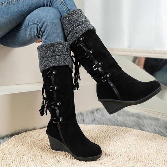 VKEKIEO Thigh High Boots Round Toe Mid Heel Booties Fringe Slip-On Black Fall Boots