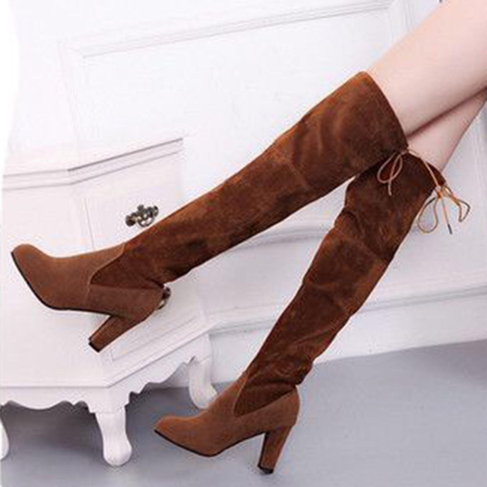 VKEKIEO Thigh High Boots Round Toe Mid Heel Heels Buckle Brown Fall ...