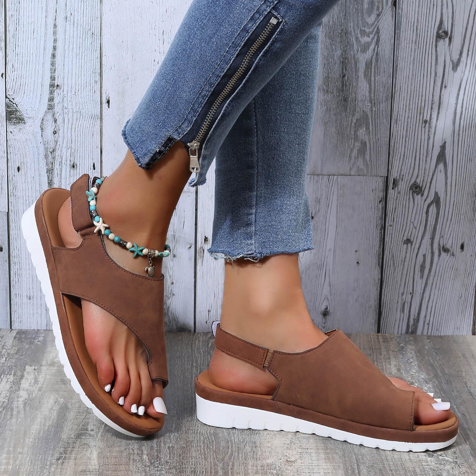 VKEKIEO Toe Ring Wedge Sandals For Women High Heel Thin Brown