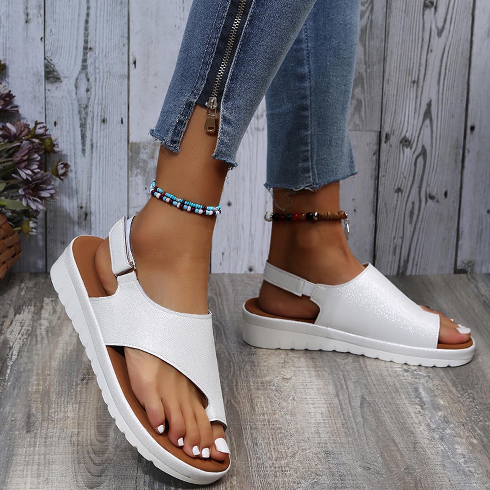 VKEKIEO Toe Ring Wedge Sandals For Women High Heel Thin Silver