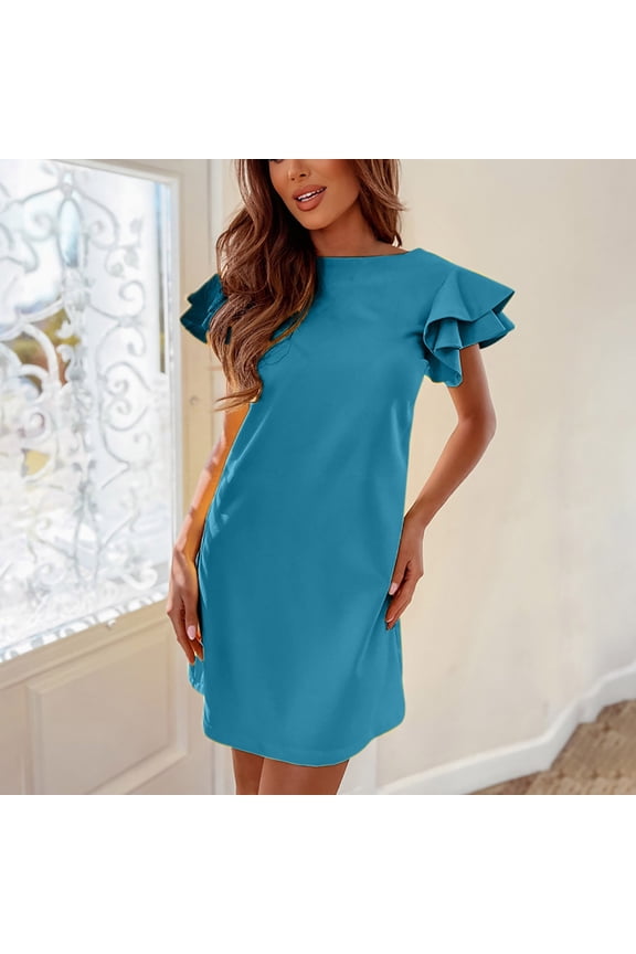 Tshirt Dresses For Women Mini Crew Neck Short Sleeve Solid Blue XL