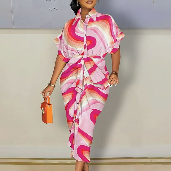 VKEKIEO Tshirt Dresses For Women Shirt Dress V-Neck Short Sleeve Printed Pink XXL