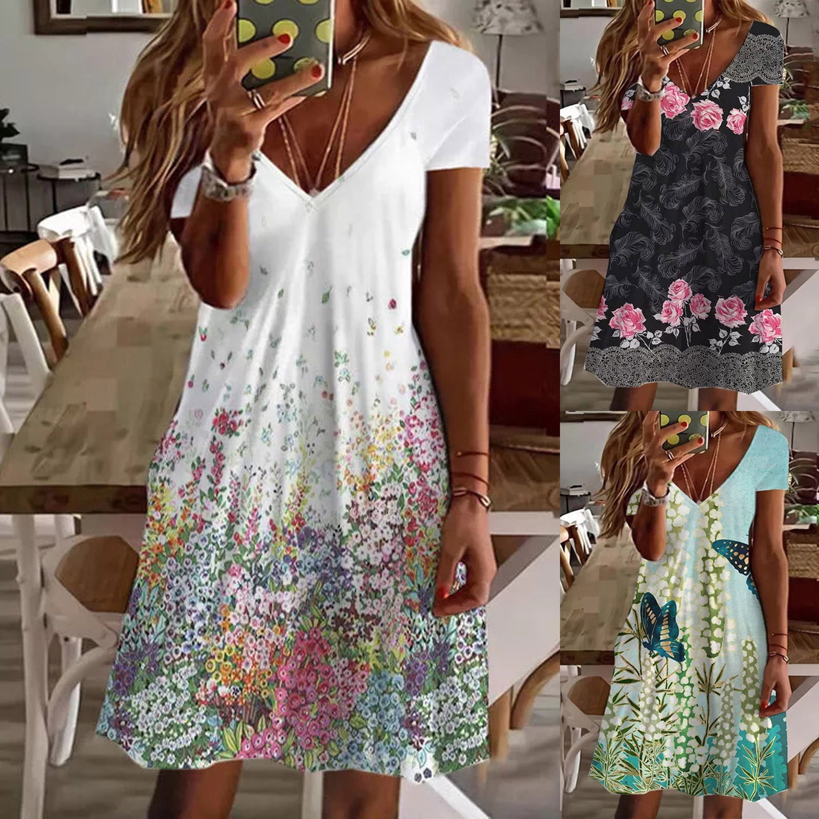 VKEKIEO Tshirt Dresses For Women Sun Dress V-Neck Short Sleeve Floral Green S
