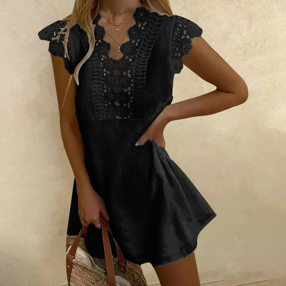 VKEKIEO Tshirt Dresses For Women Sun Dress V-Neck Sleeveless Solid Black L