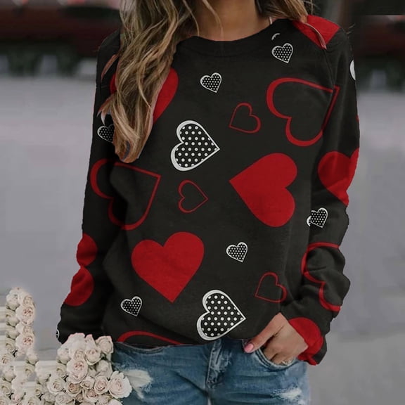 VKEKIEO Valentines Day Gifts Valentine's Day Women's Casual Printed Thin Sweater Long Sleeve Round Neck Shirt/shirt
