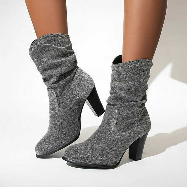 VKEKIEO Wide Calf Knee High Boots For Women Round Toe High Heel Heels ...