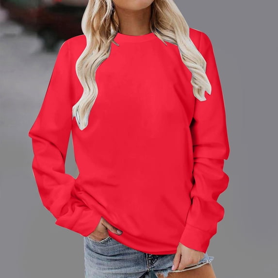 VKEKIEO Winter Sweatshirts For Women Crew Neck Long Sleeve Solid Aerobics Red 100%Polyester Sweatshirts For Women Loose Fit