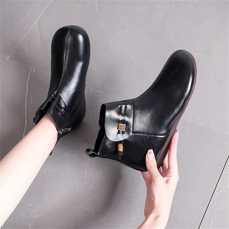 Black Pointed Head Leather Gold Zipper Chelsea Ankle Boots Flats Shoes