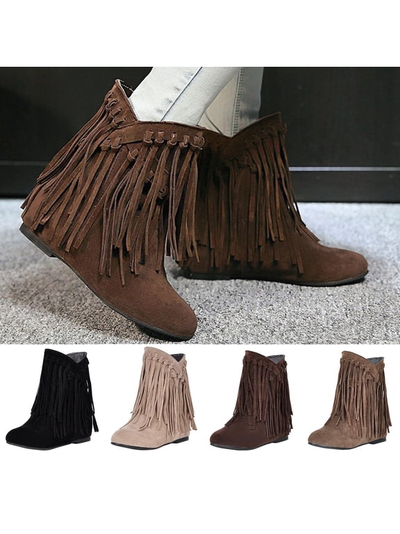 Women Cowboy Boots Tassel Peak Toe Ring Mid Heel Booties Fringe Slip-On Brown