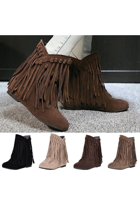 Women Cowboy Boots Tassel Peak Toe Ring Mid Heel Booties Fringe Slip-On Brown