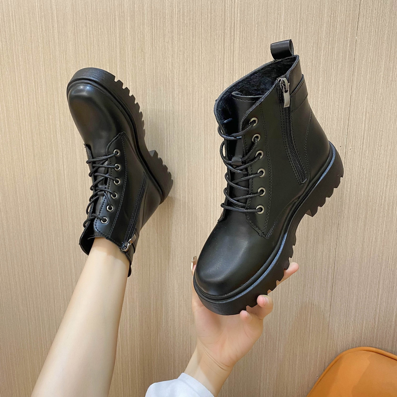 VKEKIEO Women S Ankle Boots Round Toe Flat Heel Booties Charm Lace Up Black