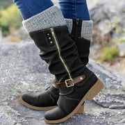 VKEKIEO Women'S Mid-Calf Boots Round Toe High Heel Walking Shoes Slip-On Black Winter Boots