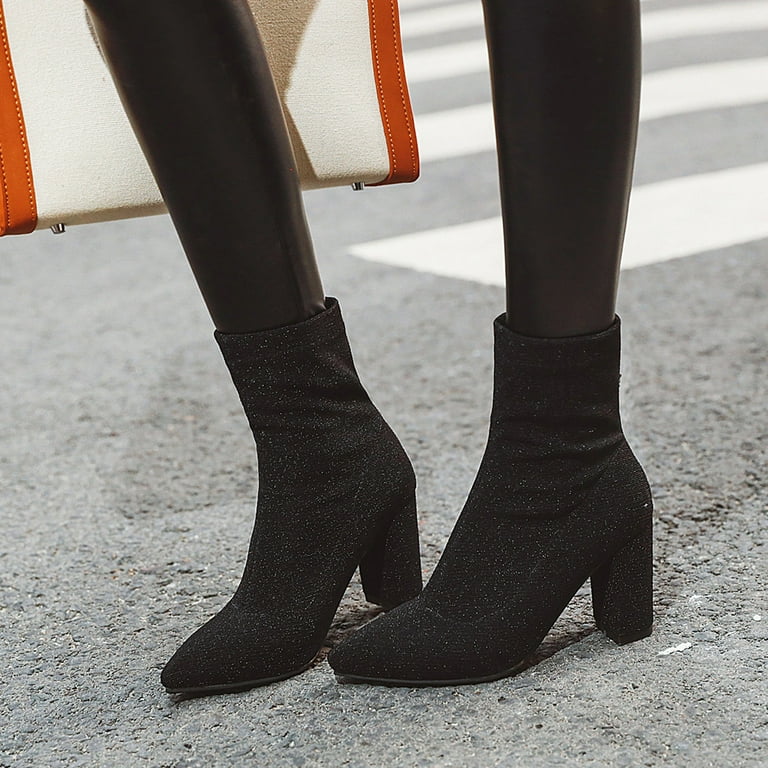 VKEKIEO Womens Ankle Boots Square Toe High Heel Heels Pull-On