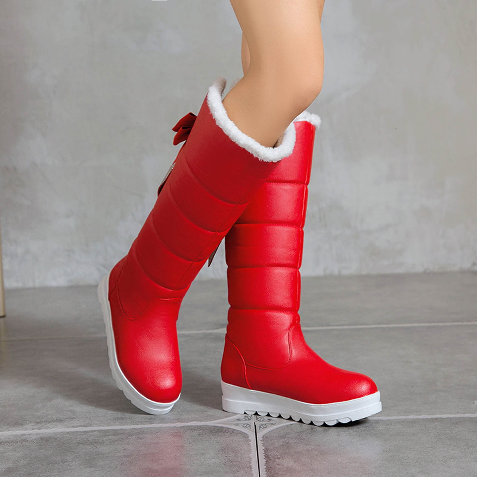 VKEKIEO Womens Boots Round Toe High Heel Platform Shoes Bow Slip On Red red-formal-shoes-mens-www-npssonipat
