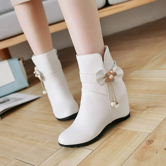 VKEKIEO Womens Boots Round Toe Mid Heel Booties Bow Slip-On White Fall Boots