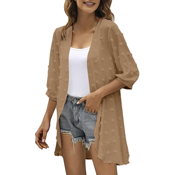 VKEKIEO Womens Cardigan Scoop Neck Cardigan 3/4 Sleeve Solid 100%Polyester Brown Clearance Pattern Cardigan