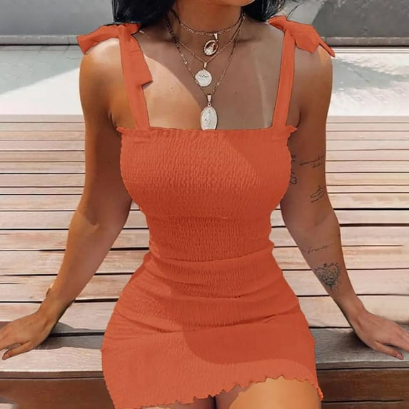 VKEKIEO Womens Summer Dresses Sun Dress Crew Neck Sleeveless Solid Orange S