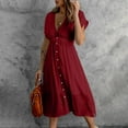 thumbnail image 1 of VKEKIEO Womens Summer Dresses Sun Dress V-Neck Short Sleeve Solid Red XL, 1 of 9
