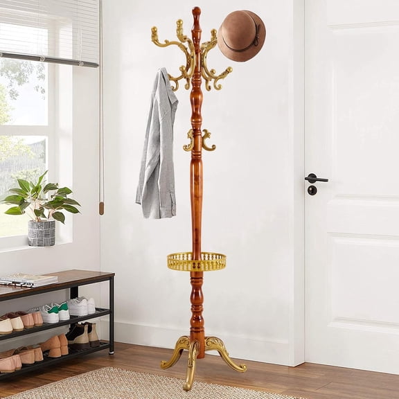 VKETU Wooden Coat Rack Freestanding, Vintage Coat Racks with Sturdy Round Base, Adjustable Height 37.40"-72.83" Entrance Coat Rack for Bedroom Living Room Entryway (Begonia Upgraded version)