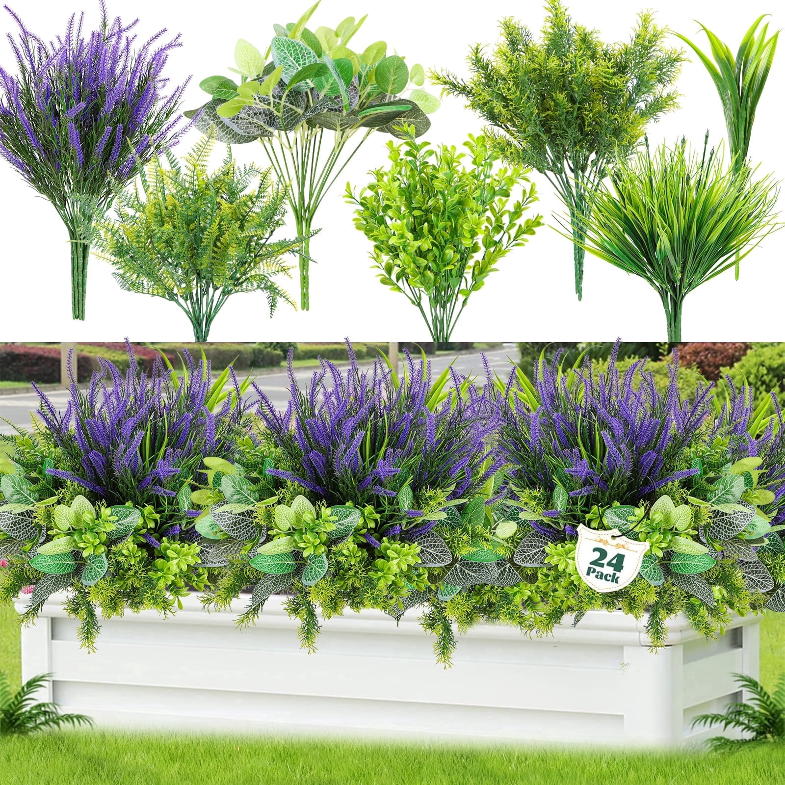 VKFVKF 24 Bundles Artificial Flowers for Outdoors UV Resistant Fake Plastic Plants Faux Boston Fern Greenery Stems for Spring Summer Indoor Garden Patio Window Box Kitchen Home Decor, Mixedcolor