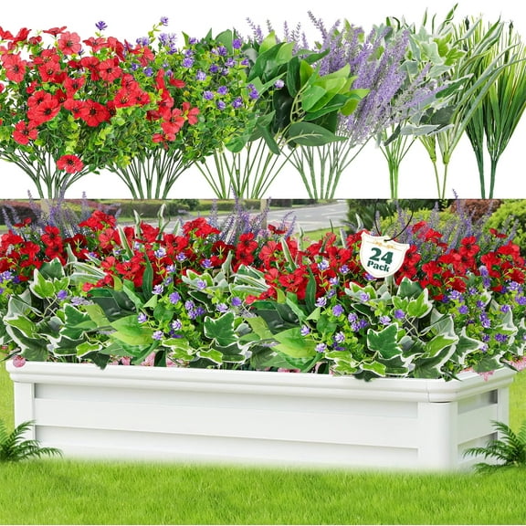 VKFVKF 24 Bundles Artificial Flowers for Outdoors UV Resistant Fake Plastic Plants Faux Boston Fern Greenery Stems for Spring Summer Indoor Garden Patio Window Box Kitchen Home Decor, Mixedcolor