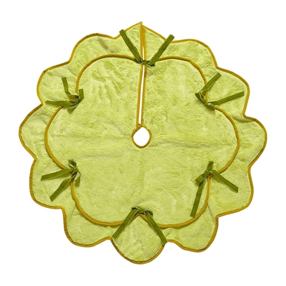 VKGPHLE 35.43 Inch Green Plush Christmas Tree Skirt, Gold Trim Scalloped Xmas Tree Base Cover with 6 Bows for Holiday Home Party Decor