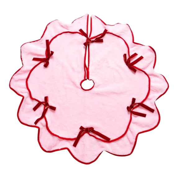 VKGPHLE 47.24 Inch Pink Plush Christmas Tree Skirt, Large Red Bow Scalloped Xmas Tree Base Cover for Holiday Home Party Gift Decor