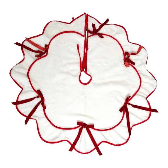 VKGPHLE 47.24 Inch White Plush Christmas Tree Skirt, Large Red Bow Scalloped Xmas Tree Base Cover for Holiday Home Party Gift Decor