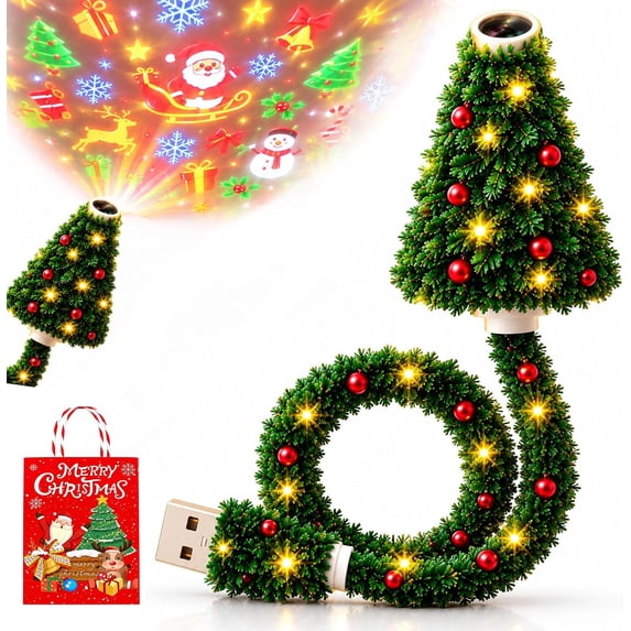 VKGPHLE Christmas Tree Projector Light, USB Powered Holiday Projection Lamp with 6 Festive Scenes, Flexible Warm LED Night Light for Bedroom, Living Room, Ceiling, Wall, Party, Decor and Xmas Gifts