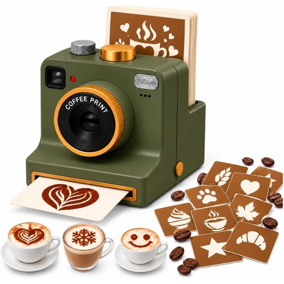VKGPHLE Manual Latte 3D Art Coffee Printer, One-Press Stencil Maker with Reusable Stencil Cards, Mechanical Cocoa Powder Decorator for Cappuccino, Hot Chocolate, Desserts (Green,10 Stencil Card Set)