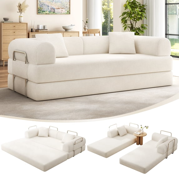 VKHCU 79" Convertible Sofa Bed, 5-in-1 Sleeper Sofa, Boneless Couch with Fixed-Shape Frame, Corduroy Folding Floor Sofa for Living Rooms,Bedroom, Apartment, No Assembly Required, White